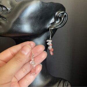 Sterling silver pink quartz stone hook dangle earrings 1 3/4 inch